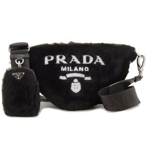 Prada Shoulder Bag Triangle Bag Fur Black White